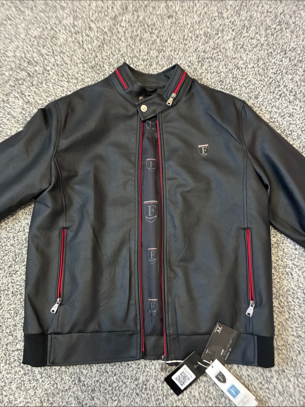 Men’s LOGO by Lori Goldstein Black Bomber Jacket with Red Trim. Large.